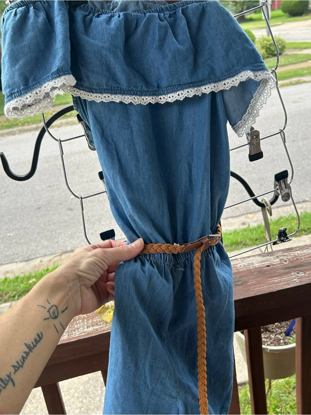 Justice Blue One-Shoulder Denim Dress with Lace Trim